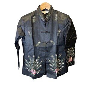 Potex NWT Black Linen Asian Inspired Peacock Embroidered Top Sz M